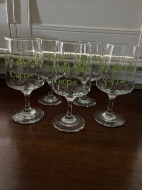 Five (5)Vintage Glass Stemmed Irish Coffee Goblets with Green Shamrock Accent